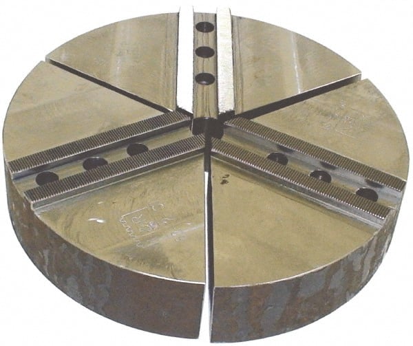 H & R Manufacturing - 1.5mm x 60° Serrated Attachment, Round Soft Lathe Chuck Jaw - 3 Jaws, Cast Iron, 1.181" Btw Mount Hole Ctrs, 5" Long x 10" Wide x 2" High, 0.63" Groove, 12mm Fastener - Exact Tooling