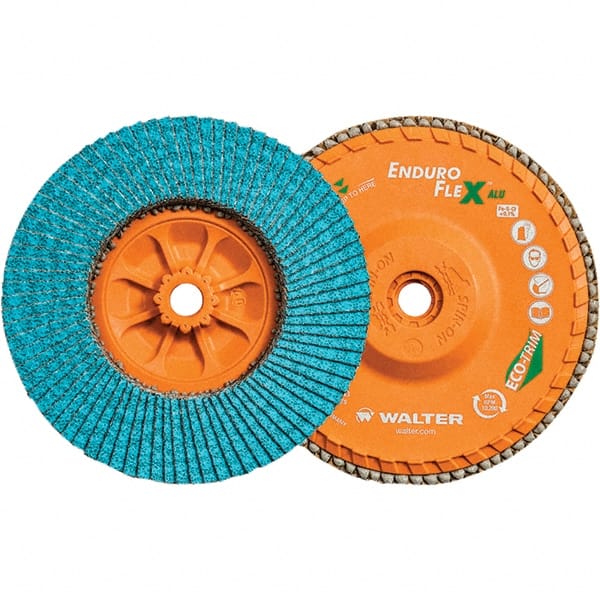 WALTER Surface Technologies - 80 Grit, 6" Disc Diam, 5/8-11 Center Hole, Type 27 Zirconia Alumina Flap Disc - 10,200 Max RPM, Polyester Backing, Arbor Attaching System, Coated - Exact Tooling