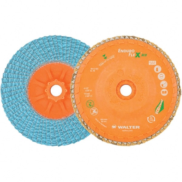 WALTER Surface Technologies - 80 Grit, 4-1/2" Disc Diam, 5/8-11 Center Hole, Type 27 Zirconia Alumina Flap Disc - 13,300 Max RPM, Polyester Backing, Arbor Attaching System, Coated - Exact Tooling