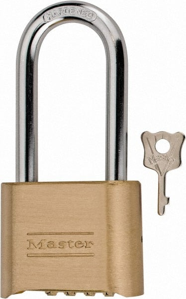 Master Lock - 2" Body Width, 2-1/4" Shackle Clearance, Solid Brass Combination Lock - 5/16" Shackle Diam, 1" Shackle Width - Exact Tooling
