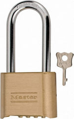 Master Lock - 2" Body Width, 2-1/4" Shackle Clearance, Solid Brass Combination Lock - 5/16" Shackle Diam, 1" Shackle Width - Exact Tooling
