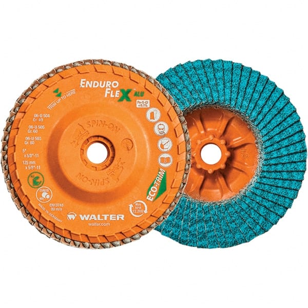 WALTER Surface Technologies - 40 Grit, 5" Disc Diam, 5/8-11 Center Hole, Type 27 Zirconia Alumina Flap Disc - 12,200 Max RPM, Polyester Backing, Arbor Attaching System, Coated - Exact Tooling