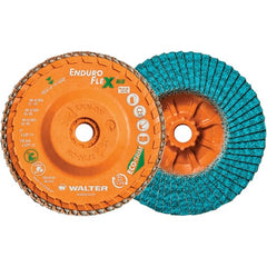 WALTER Surface Technologies - 40 Grit, 5" Disc Diam, 5/8-11 Center Hole, Type 27 Zirconia Alumina Flap Disc - 12,200 Max RPM, Polyester Backing, Arbor Attaching System, Coated - Exact Tooling