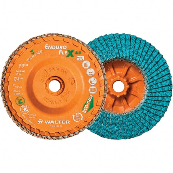WALTER Surface Technologies - 80 Grit, 5" Disc Diam, 5/8-11 Center Hole, Type 27 Zirconia Alumina Flap Disc - 12,200 Max RPM, Polyester Backing, Arbor Attaching System, Coated - Exact Tooling