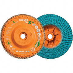 WALTER Surface Technologies - 60 Grit, 5" Disc Diam, 5/8-11 Center Hole, Type 27 Zirconia Alumina Flap Disc - 12,200 Max RPM, Polyester Backing, Arbor Attaching System, Coated - Exact Tooling