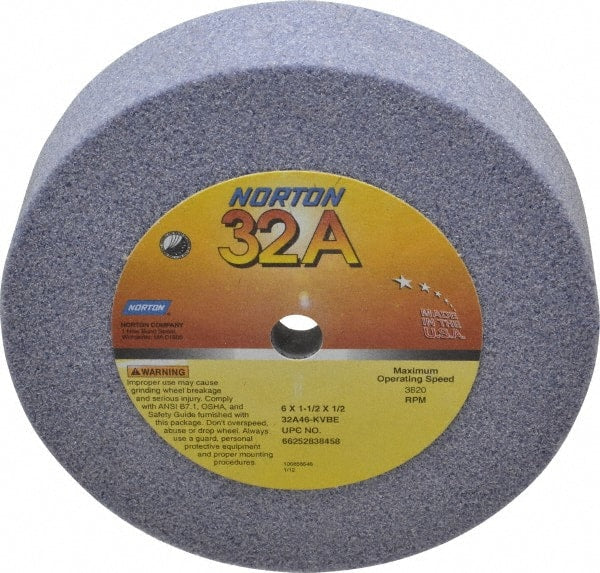 Norton - 6" Diam, 1/2" Hole Size, 1-1/2" Overall Thickness, 46 Grit, Type 6 Tool & Cutter Grinding Wheel - Coarse Grade, Aluminum Oxide, K Hardness, Vitrified Bond, 3,820 RPM - Exact Tooling