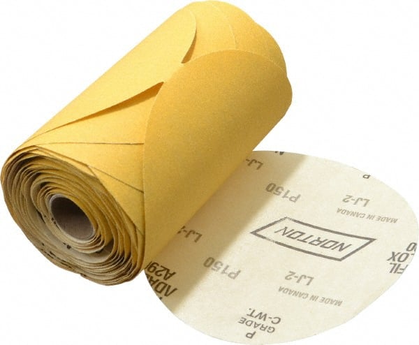 Norton - 6" Diam, 150 Grit Aluminum Oxide Adhesive PSA Disc - Medium Grade, Gold, C Weighted Backing, Flexible - Exact Tooling