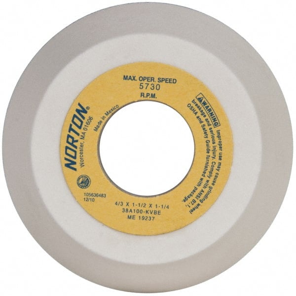 Norton - 4" Diam, 1-1/4" Hole Size, 1-1/2" Overall Thickness, 100 Grit, Type 11 Tool & Cutter Grinding Wheel - Fine Grade, Aluminum Oxide, K Hardness, Vitrified Bond, 5,730 RPM - Exact Tooling