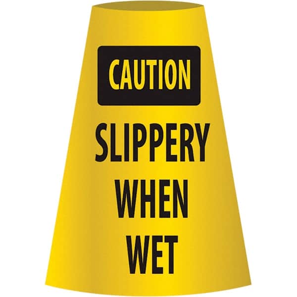 NMC - Caution - Slippery When Wet, 21-3/4" Wide x 11" High, Polyethylene Floor Sign - Cone, Black on Yellow, For Restroom, Janitorial & Housekeeping - Exact Tooling