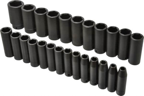 Proto - 25 Piece 1/2" Drive Deep Well Impact Socket Set - 6 Points, 8mm to 36mm Range, Metric Measurement Standard - Exact Tooling