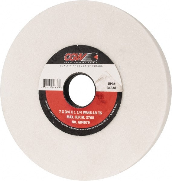 Camel Grinding Wheels - 7" Diam x 1-1/4" Hole x 3/4" Thick, J Hardness, 46 Grit Surface Grinding Wheel - Aluminum Oxide, Type 5, Coarse Grade, 3,760 Max RPM, Vitrified Bond, One-Side Recess - Exact Tooling