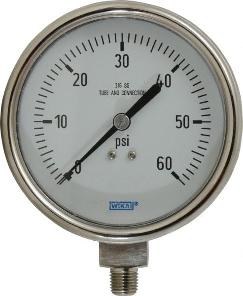 Wika - 4" Dial, 1/4 Thread, 0-60 Scale Range, Pressure Gauge - Lower Connection Mount, Accurate to 1% of Scale - Exact Tooling