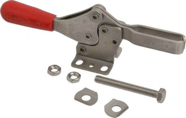 De-Sta-Co - 600 Lb Holding Capacity, Horizontal Handle, Manual Hold Down Toggle Clamp - 56° Handle Movement, 91° Bar Opening, U-Bar, Flanged Base, Electro-Plated Zinc, Stainless Steel - Exact Tooling