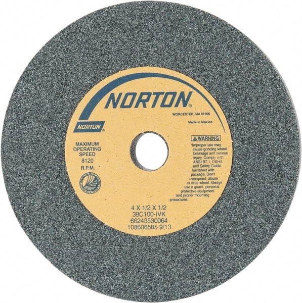 Norton - 4" Diam x 1/2" Hole x 1/2" Thick, I Hardness, 100 Grit Surface Grinding Wheel - Silicon Carbide, Type 1, Fine Grade, 8,120 Max RPM, Vitrified Bond, No Recess - Exact Tooling