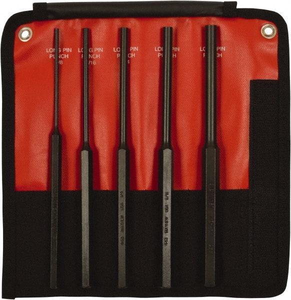 Mayhew - 5 Piece, 1/8 to 3/8", Pin Punch Set - Hex Shank, Steel, Comes in Kit Bag - Exact Tooling