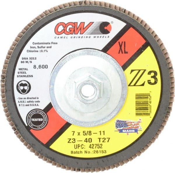 Camel Grinding Wheels - 40 Grit, 7" Disc Diam, 5/8-11 Center Hole, Type 27 Zirconia Alumina Flap Disc - 8,600 Max RPM, Poly Cotton Backing, Arbor Attaching System, Coated - Exact Tooling