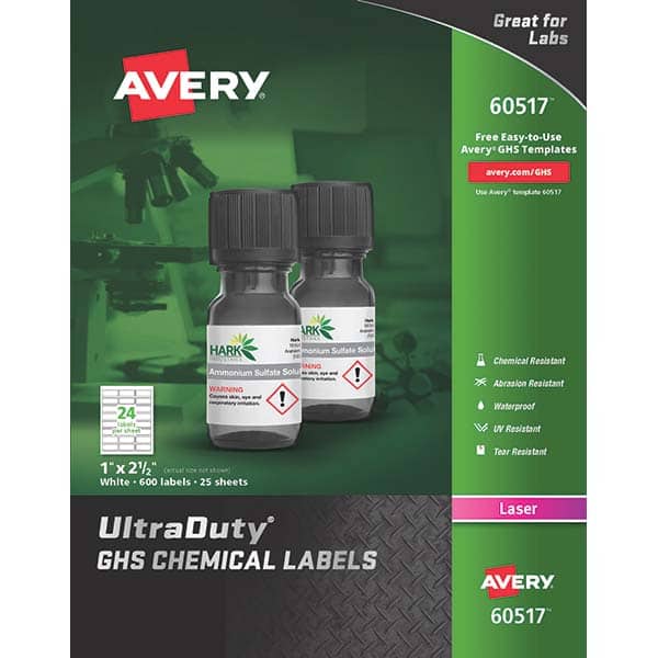 AVERY - Pack of (600), 1" x 2-1/2" White Synthetic Film ID Labels - Exact Tooling
