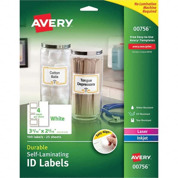AVERY - Pack of (100), 2-5/16" x 3-5/16" White Paper Self Laminating Labels - Exact Tooling