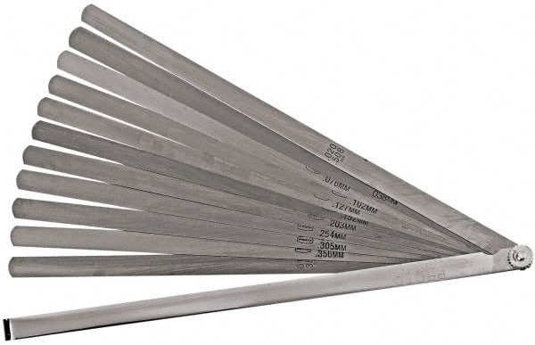 Proto - 12 Piece, 0.0015 to 0.02" Thick, Parallel Feeler Gage Set - 12" Leaf Length, 1/2" Wide, Steel - Exact Tooling