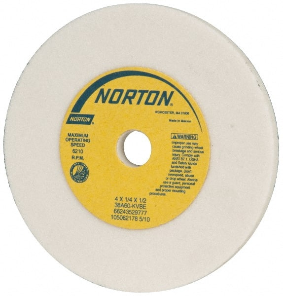 Norton - 60 Grit Aluminum Oxide Type 1 Internal Grinding Wheel - 4" Diam x 1/2" Hole x 1/4" Thick, 6,210 Max RPM, Type 1 Medium Grade, K Hardness, Vitrified Bond, One-Side Recess - Exact Tooling