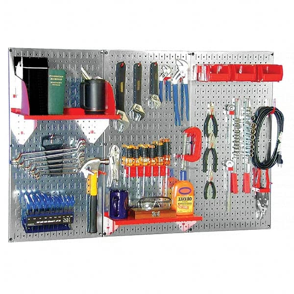 Wall Control - 48" Wide x 32" High Peg Board Kit - 3 Panels, Galvanized Steel, Galvanized/Red - Exact Tooling