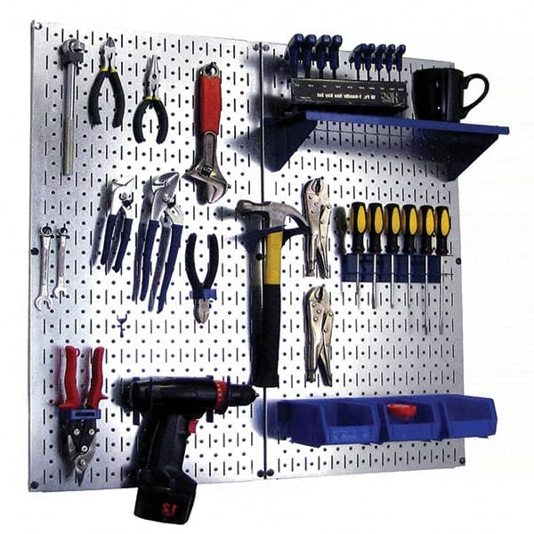Wall Control - 32" Wide x 32" High Peg Board Kit - 2 Panels, Galvanized Steel, Galvanized/Blue - Exact Tooling