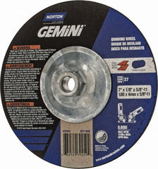 Norton - 7" Wheel Diam, 1/8" Wheel Thickness, Type 27 Depressed Center Wheel - Aluminum Oxide, 8,600 Max RPM, Compatible with Angle Grinder - Exact Tooling