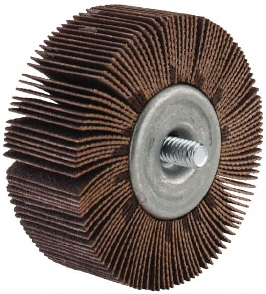 Merit Abrasives - 2-1/2" Diam x 1" Face Width, Fine Aluminum Oxide Coated Mounted Flap Wheel - 1/4-20 Threaded Mount, 120 Grit, Cloth Backing, 20,000 Max RPM - Exact Tooling