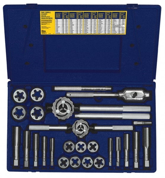 Irwin - 1/4-18 to 1-14 Tap, 1/4-18 to 1-14 Die, NPT, UNC, UNF, Tap and Die Set - Bright Finish Carbon Steel, Carbon Steel Taps, Nonadjustable 1-7/16, 1-13/16" Hex Size, 25 Piece Set with Plastic Case - Exact Tooling