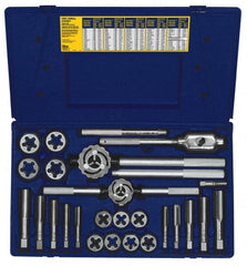 Irwin - 1/4-18 to 1-14 Tap, 1/4-18 to 1-14 Die, NPT, UNC, UNF, Tap and Die Set - Bright Finish Carbon Steel, Carbon Steel Taps, Nonadjustable 1-7/16, 1-13/16" Hex Size, 25 Piece Set with Plastic Case - Exact Tooling
