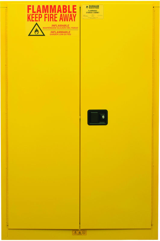 45 Gallon - All Welded - FM Approved - Flammable Safety Cabinet - Manual Doors - 2 Shelves - Safety Yellow - Exact Tooling