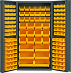 36"W - 14 Gauge - Lockable Bin Cabinet - With 132 Yellow Hook-on Bins - Deep Door Style - Gray - Exact Tooling