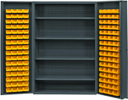 48"W - 14 Gauge - Lockable Cabinet - With 128 Yellow Hook-on Bins - 4 Adjustable Shelves - Deep Door Style - Gray - Exact Tooling