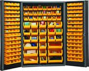 48"W - 14 Gauge - Lockable Cabinet - With 176 Yellow Hook-on Bins - Deep Door Style - Black - Exact Tooling