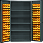 36"W - 14 Gauge - Lockable Cabinet - With 96 Yellow Hook-on Bins - 4 Adjustable Shelves - Deep Door Style - Gray - Exact Tooling