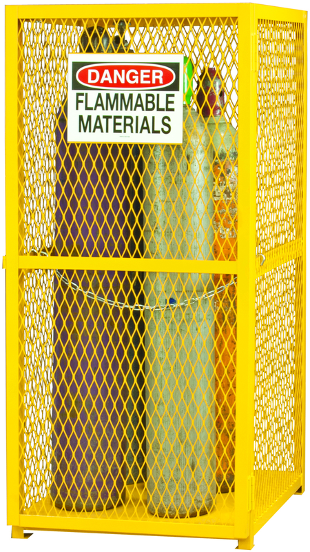 30" W - All welded - Angle Iron Frame with Mesh Side - Vertical Gas Cylinder Cabinet - Magnet Door - Safety Yellow - Exact Tooling