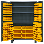 48"W - 14 Gauge - Lockable Cabinet - With 137 Yellow Hook-on Bins - 3 Adjustable Shelves - Flush Door Style - Gray - Exact Tooling