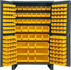 48"W - 14 Gauge - Lockable Cabinet - With 171 Yellow Hook-on Bins - Flush Door Style - Gray - Exact Tooling