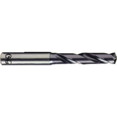 8.1 mm Dia. × 13/32″ Shank × 47 mm Flute Length × 89 mm OAL, 3xD, TiAlN, 2xD Flute, Coolant Thru, H6 Solid Carbide Drill - Exact Tooling