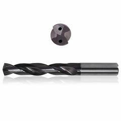 0.2008 mm Dia. × 6 mm Shank × 28 mm Flute Length × 66 mm OAL, 3xD, 140°, Sistral, 2 Flute, Coolant Thru, h6, Cylindrical, Solid Carbide Drill - Exact Tooling