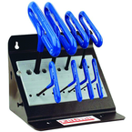 10 Piece - 3/32 - 3/8" T-Handle Style - 9'' Arm- Hex Key Set with Plain Grip in Stand - Exact Tooling