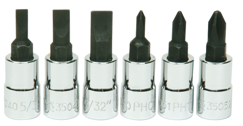 6 Piece - #9309068 - #0; #1; #2 Phillips; 5/32; 7/32; 9/32" Slotted - 1/4" Drive - Socket Drive Hex Bit Set - Exact Tooling