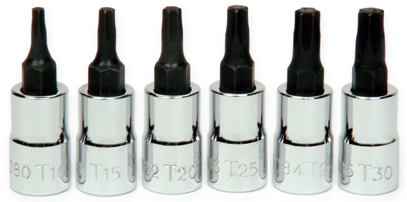 6 Piece - #9309082 - T10; T15; T20; T25; T27; T30 - 1/4" Drive - Socket Drive Torx Bit Set - Exact Tooling