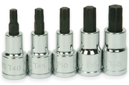 5 Piece - #9329080 - T40; T45; T50; T55; T60 - 1/2" Drive - Socket Drive Torx Bit Set - Exact Tooling