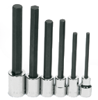 6 Piece - #9321329 - 1/4; 5/16; 3/8; 1/2; 9/16; 5/8" - 1/2" Drive - Socket Drive Extra Long Hex Bit Set - Exact Tooling