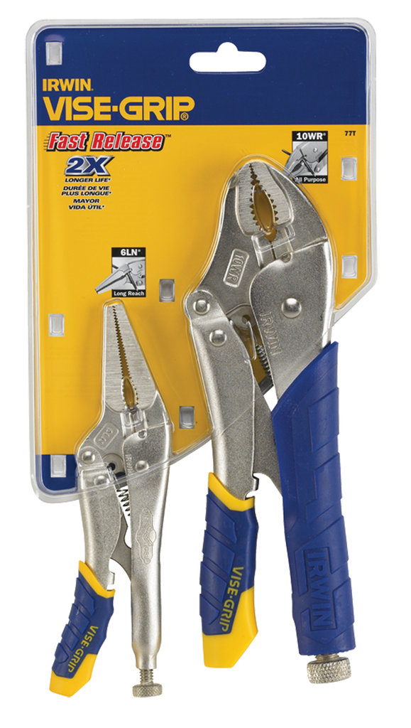 Fast Release Curved Jaw Locking Pliers Set -- 2 Pieces -- Includes: 10" Curved Jaw & 6" Long Nose - Exact Tooling