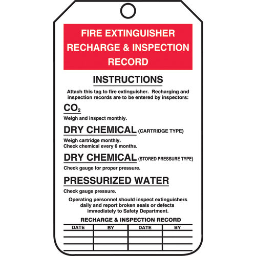 Fire Extinguisher Tag, Recharge & Inspection Record, 25/Pk, Cardstock - Exact Tooling