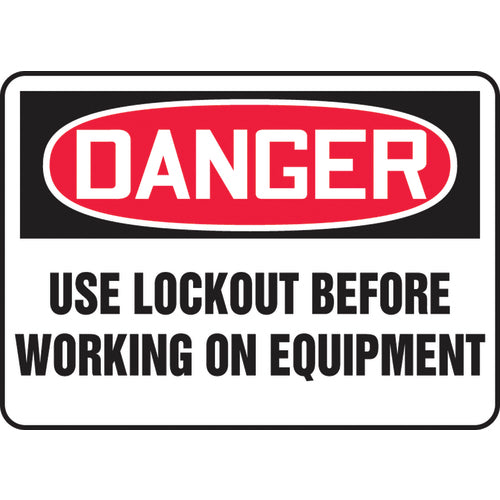 Sign, Danger Use Lockout Before Working On Equipment, 10″ × 14″, Aluminum - Exact Tooling