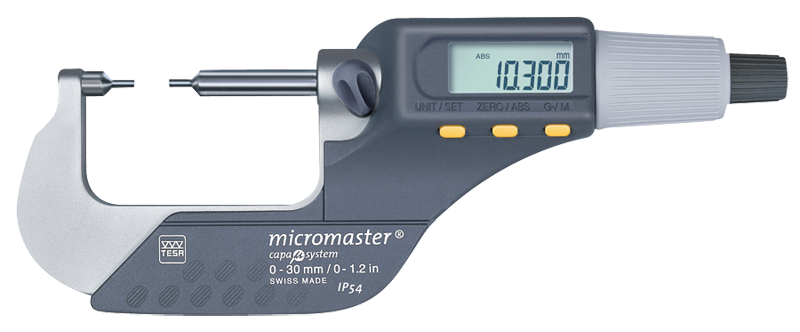 0 - 1.2" / 0 - 30mm Measuring Range - .00005/.001mm Resolution - Friction Thimble - Carbide Face - Electronic Spline Micrometer - Exact Tooling