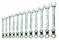 12 Piece - 12 Pt Ratcheting Flex-Head Combination Wrench Set - High Polish Chrome Finish - Metric 8mm - 19mm - Exact Tooling